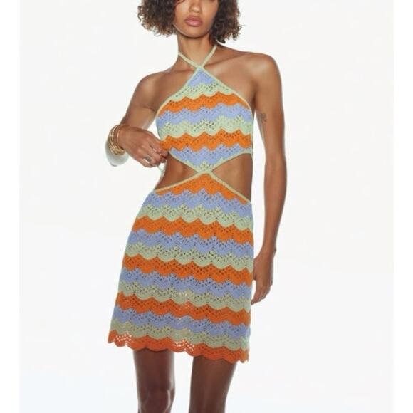 ZARA Limited Edition Crochet Cutout Halter Dress Multicolor Size Small NWT - Picture 1 of 8